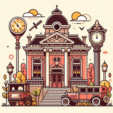 Vintage school building in retro style. Vector illustration in sketch style.のイラスト素材