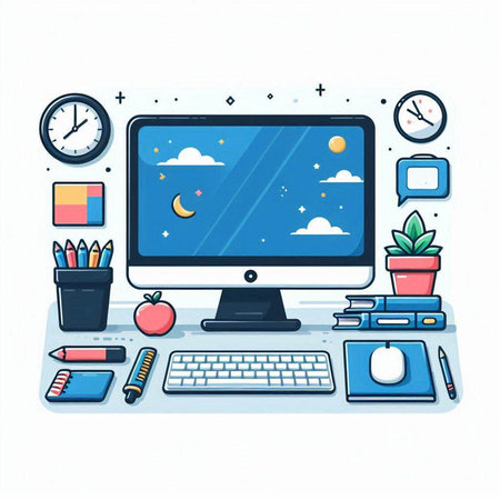 Vector illustration of a desktop with computer, stationery and clock.のイラスト素材