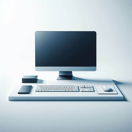 Desktop computer with keyboard and mouse on white background. 3d renderingのイラスト素材