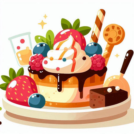 Illustration of a Cup Cake with Berries and Fruits.のイラスト素材
