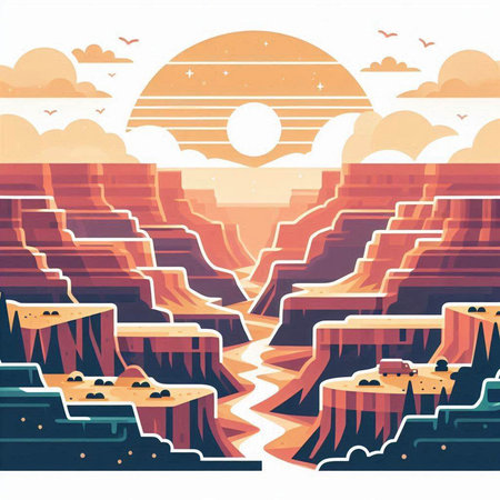 Landscape with mountains and sun. Vector illustration in retro style.のイラスト素材