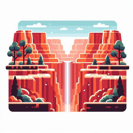 Mountain landscape with red rocks, trees and bushes. Vector illustrationのイラスト素材