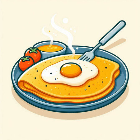 Illustration of fried egg in a frying pan with fork and tomatoのイラスト素材