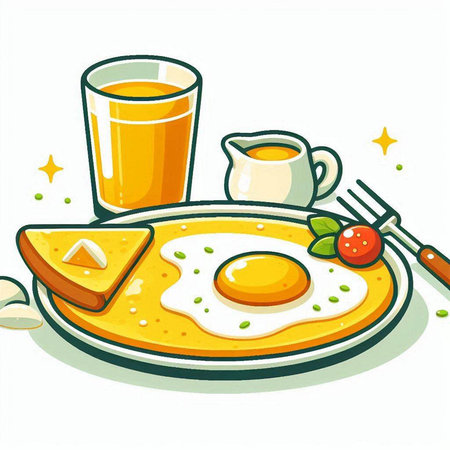 Breakfast with fried eggs and toast on plate. Vector illustration.のイラスト素材