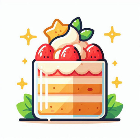 Cake with cream and strawberries. Vector illustration in flat style.のイラスト素材