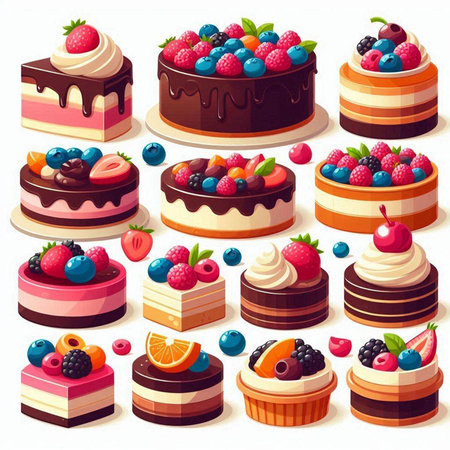 Set of different cakes with berries, vector illustration in cartoon style.のイラスト素材