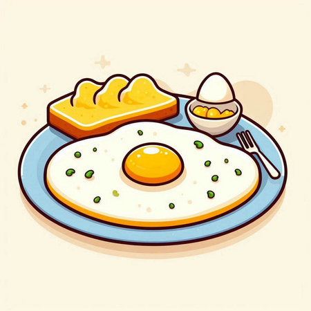 Illustration of fried egg on a plate with butter and toast.のイラスト素材