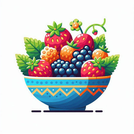 Vector illustration of a bowl with strawberries, blackberries and blueberries.のイラスト素材