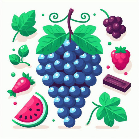 Grapes and berries. Vector illustration in flat cartoon style.のイラスト素材