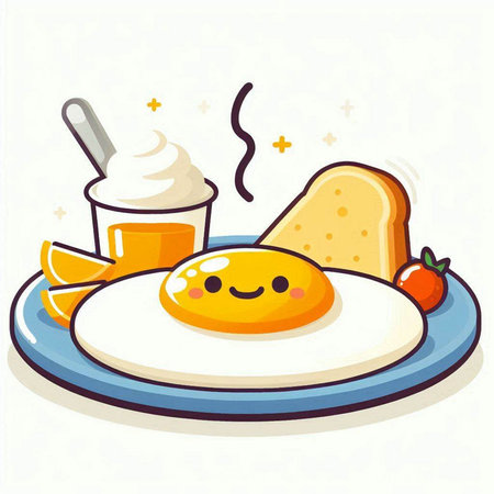 Funny fried egg with ice cream and toast. Vector illustration.のイラスト素材