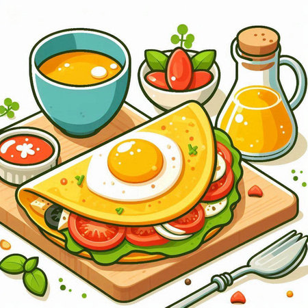 Illustration of a Breakfast with Eggs and Vegetables on a Cutting Boardのイラスト素材