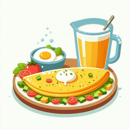 Breakfast with omelette and juice. Vector illustration isolated on white background.のイラスト素材