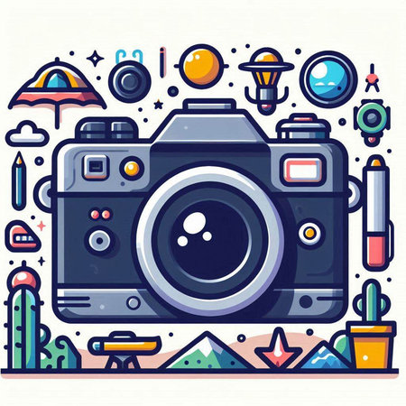 Retro camera. Colorful vector illustration in thin line style.のイラスト素材