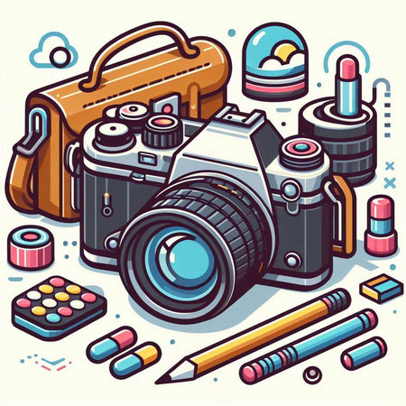Vector illustration of a set of vintage retro camera and other objects.のイラスト素材