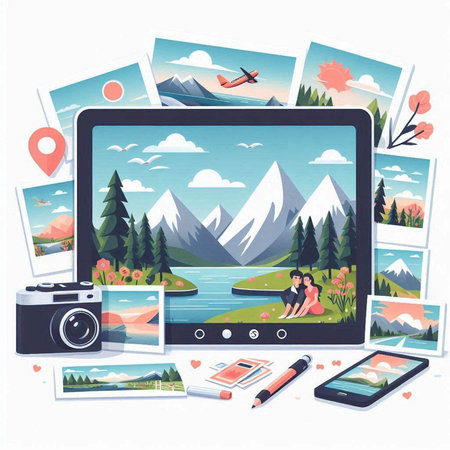 Travel and vacation concept. Vector illustration in flat cartoon style. Landscape with mountains, trees, clouds, airplane, map, camera and notebook.のイラスト素材