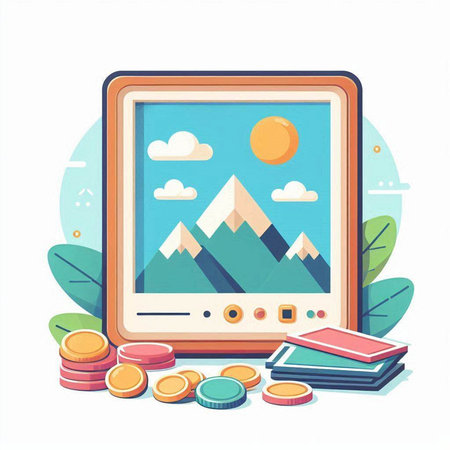 Tablet with mountains, coins and books. Vector illustration in flat styleのイラスト素材