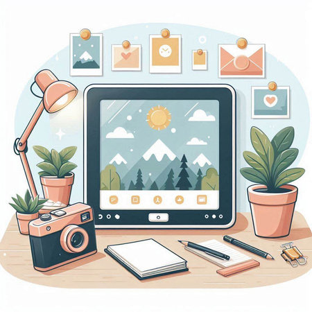 Illustration of a digital tablet with an image of a mountain landscapeのイラスト素材