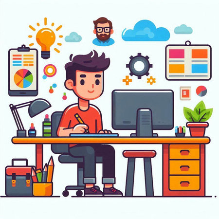 Man working on computer at office desk. Vector illustration in flat styleのイラスト素材