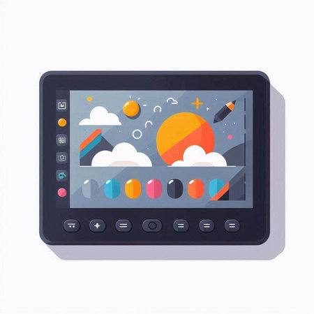 Tablet PC with the image of the sun, clouds and starsのイラスト素材