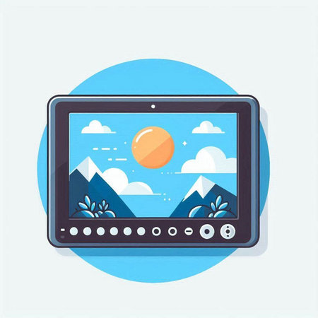 Modern flat design vector illustration of multimedia player with landscape and sun.のイラスト素材
