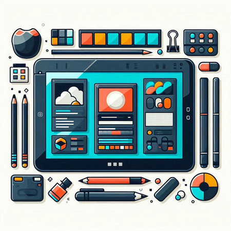 Vector illustration of graphic design tools and gadgets. Modern flat style design.のイラスト素材
