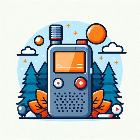 Vector illustration of portable radio in the forest. Flat line design.のイラスト素材