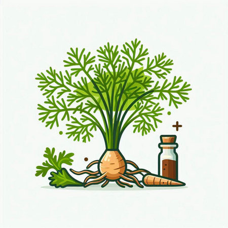 Carrot root with leaves and bottle of oil. Vector illustration.のイラスト素材