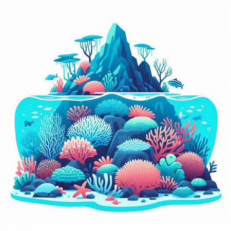 Underwater world with corals, fish and mountains. Vector illustration.のイラスト素材