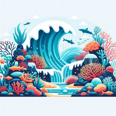 Underwater landscape with coral reef, wave and fish. Vector illustration.のイラスト素材