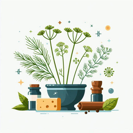 Herbs and spices. Herbs in a mortar. Vector illustration.のイラスト素材