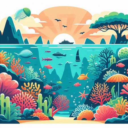 Sea landscape with coral reef, fish and boat. Vector illustration.のイラスト素材