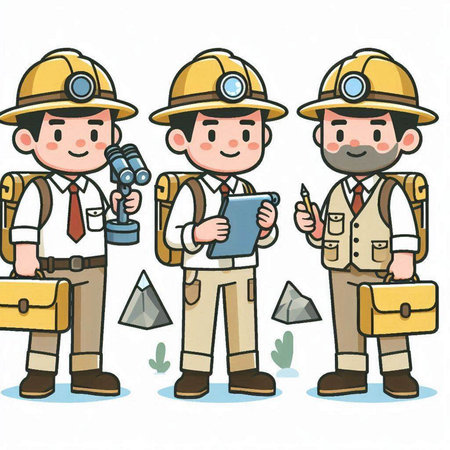 Illustration of a group of men wearing a hardhat and holding a compassのイラスト素材