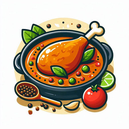 Illustration of chicken with spices in a pan. Vector illustration.のイラスト素材