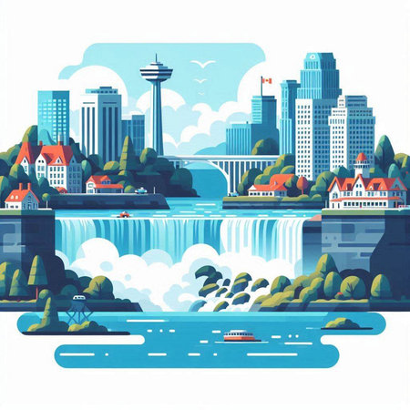 Landscape with buildings and river in flat style. Vector illustration.のイラスト素材