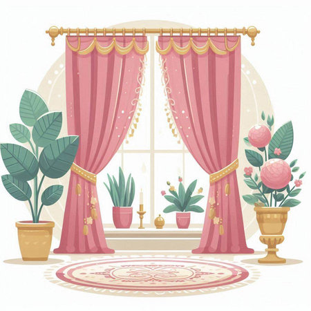 Pink curtains in a room with flowers and plants. Vector illustration.のイラスト素材
