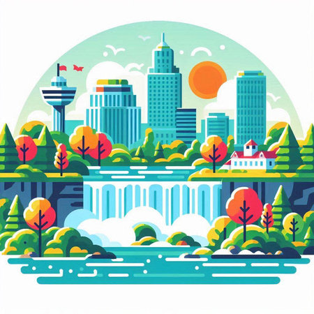 Vector illustration of a cityscape with buildings, trees and river.のイラスト素材