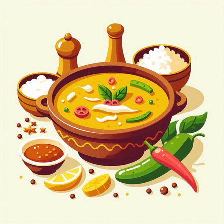 Illustration of a bowl of spicy curry with ingredients around. Vector illustration.のイラスト素材