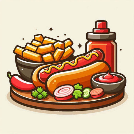 Hot dog and fries with ketchup and mustard, vector illustration.のイラスト素材
