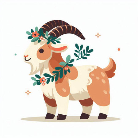 Goat with wreath of flowers and leaves. Vector illustration.のイラスト素材