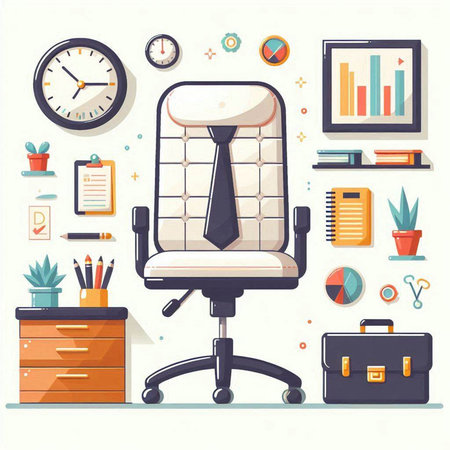 Office chair with office accessories. Vector illustration in flat design style.のイラスト素材