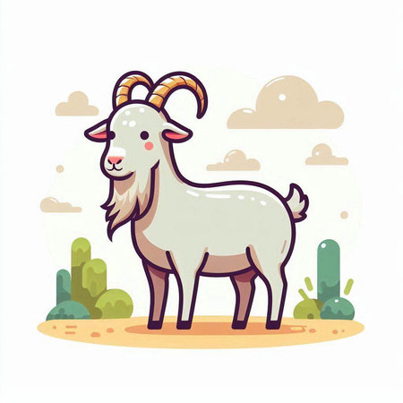 Vector illustration of a goat on the background of the summer landscape.のイラスト素材