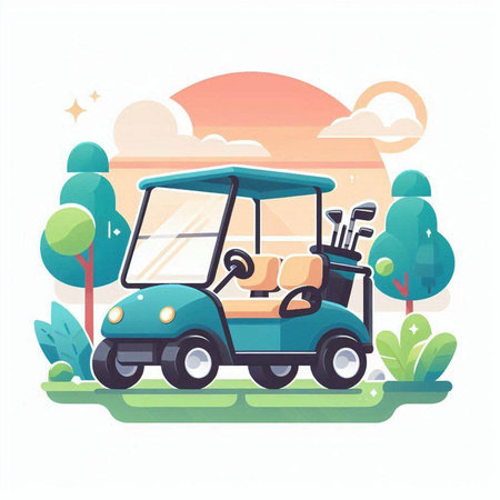 Golf cart on the golf course. Vector illustration in flat styleのイラスト素材