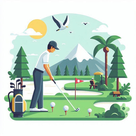Golfer on the golf course. Vector illustration in flat styleのイラスト素材