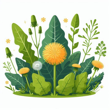 Dandelion and dandelion flowers with leaves. Vector illustration.のイラスト素材