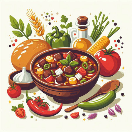 Beef stew with vegetables and herbs in bowl. Vector illustration.のイラスト素材