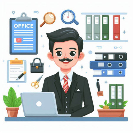 Businessman working at his office. Vector illustration in cartoon style.のイラスト素材