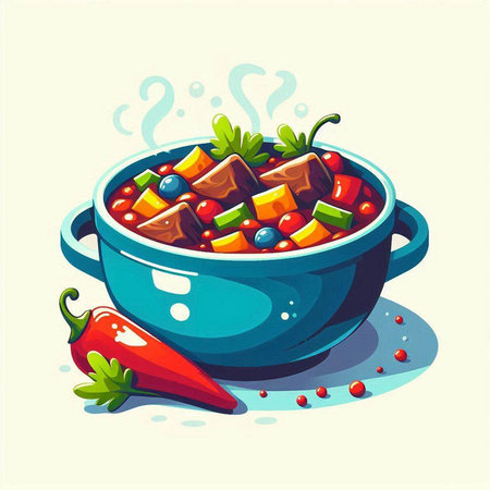 Illustration of a bowl of vegetable stew with chilli pepper and parsleyのイラスト素材
