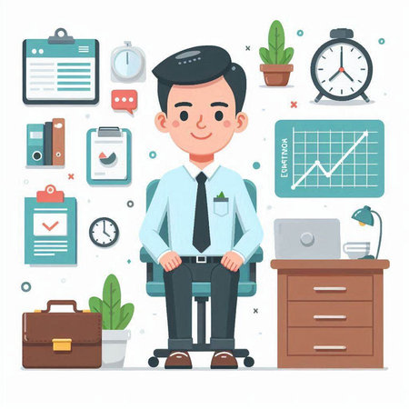 Businessman working at office. Vector illustration in a flat style.のイラスト素材