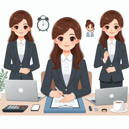 Business woman working in the office. Vector illustration of cartoon character.のイラスト素材
