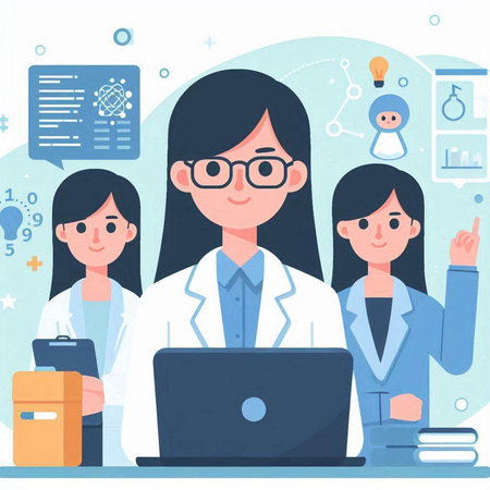 Female doctors working on laptop in medical office. Flat style vector illustration.のイラスト素材